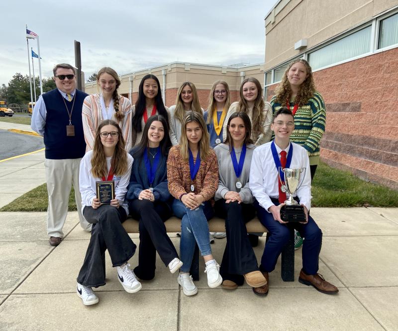 Mariner Middle Business Professionals of America students are heading to the BPA National Leadership Conference in April. Gathered in back are (l-r) advisor Daniel Shockley, Blair Chubb, Kate Dowd, Addison Zimmerman, Hannah Wells, Aubrie Sylvester and Ariel King. In front are Natalie Longo, Kate Hill, Emily Wells, Macy Davis and Caleb Marcus. Missing from the photo is Elena Booth. ELLEN DRISCOLL PHOTO